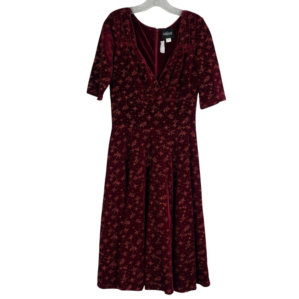 Collectif Burgundy Velvet Midi Dress, Size Medium